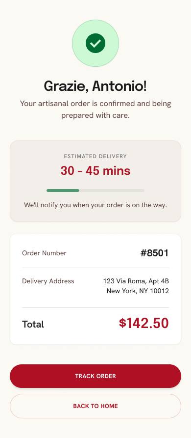 Calabria Market order confirmation screen